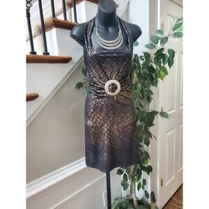 Desiree Metal Gold Black Polyester Halter Neck Sleeveless Knee Length Dress XL